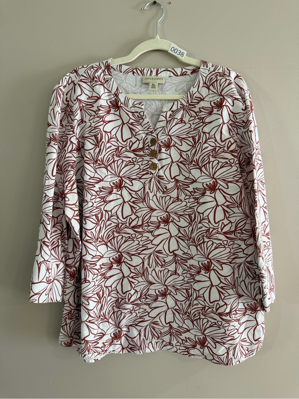 Appleseed's White Top with Rust Floral Print Henley